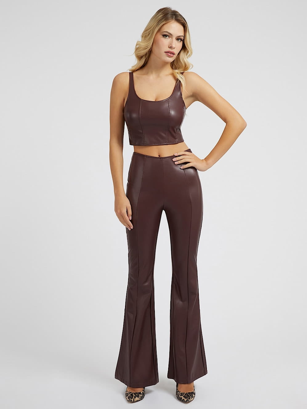 Guess Hnědé Zvonové Kalhoty Imitace Kůže (30)