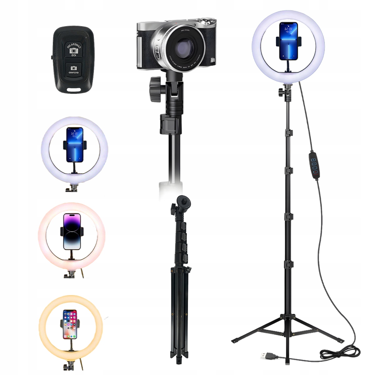kruhová lampa Led 25 cm, 10 Úrovní Jasu, Držák Na Telefon, Stativ
