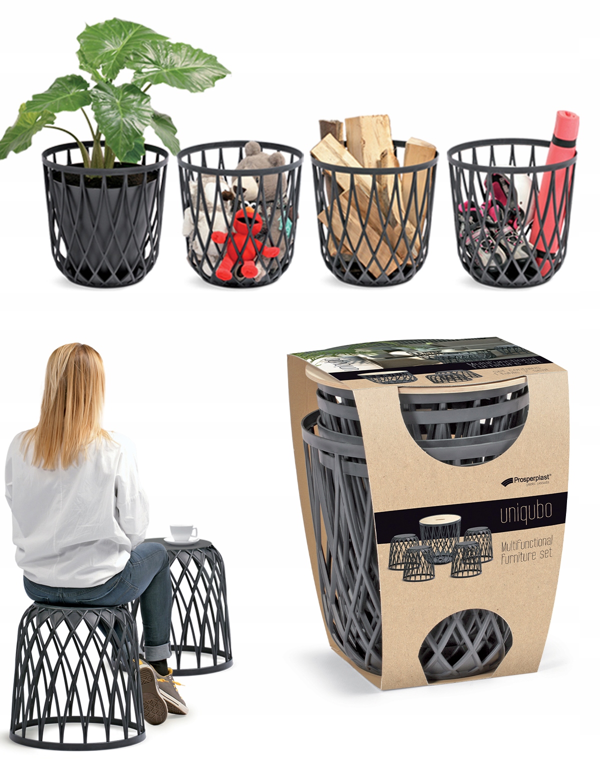 

Zestaw 3 Koszy Meblowych Krzesło Stolik Szary