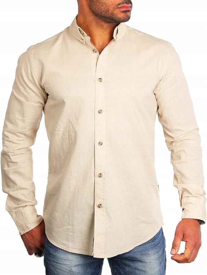 Prodyšná Pánská Lněná Košile Len Volná Béžová XL