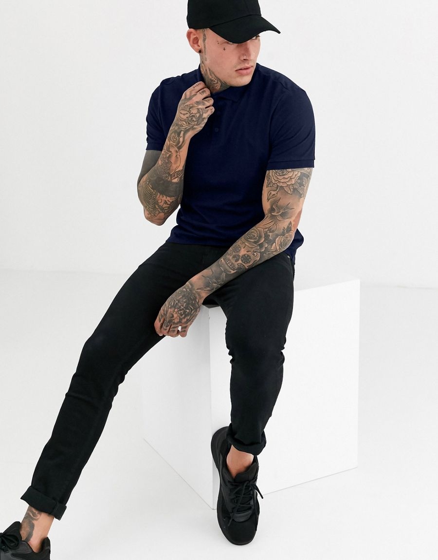 KOSZULKA POLO GRANATOWA MĘSKA KRÓTKI RĘKAW XS 1DME