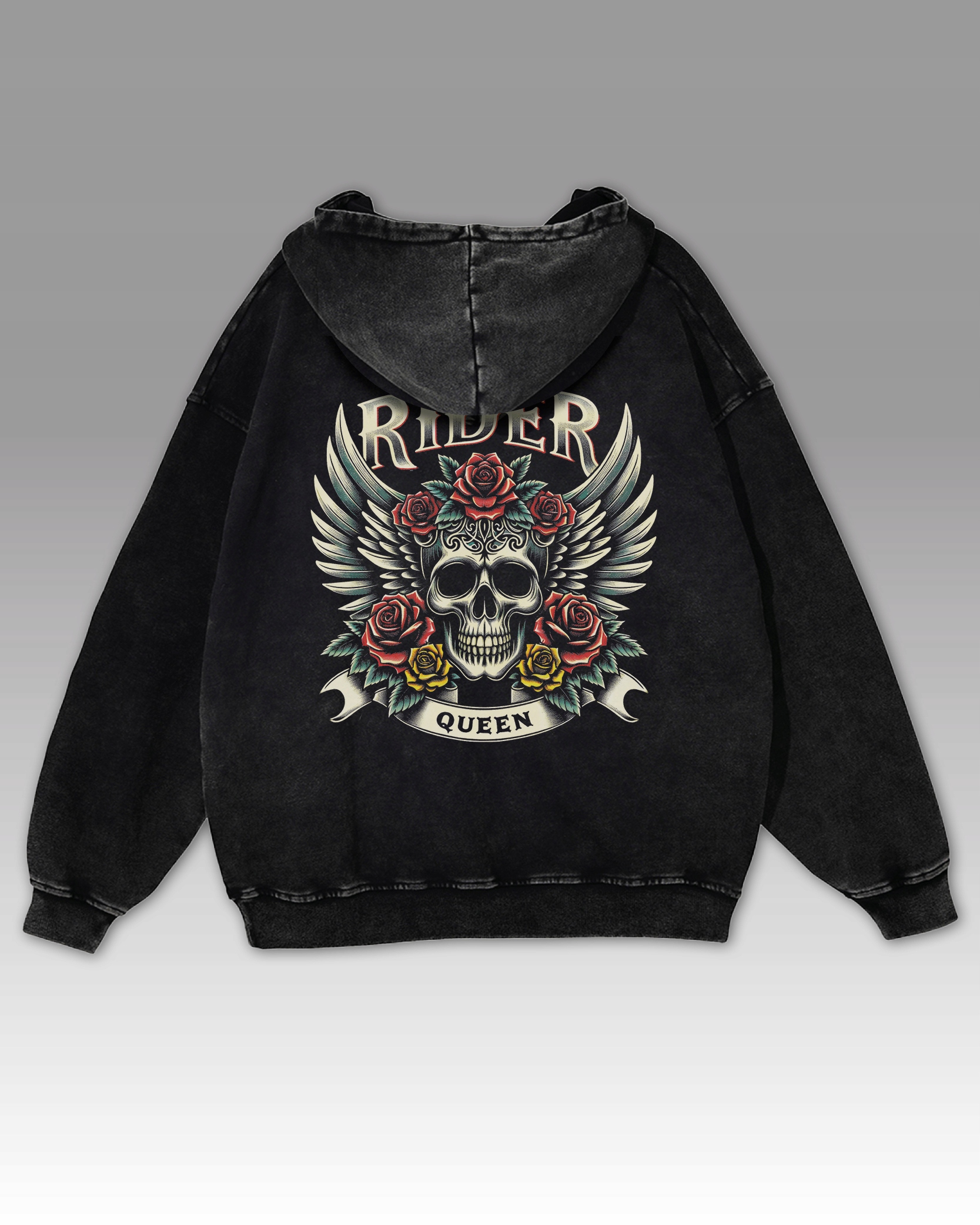 Oversize mikina s kapucí Královna cesty Lebka Květiny černá XL