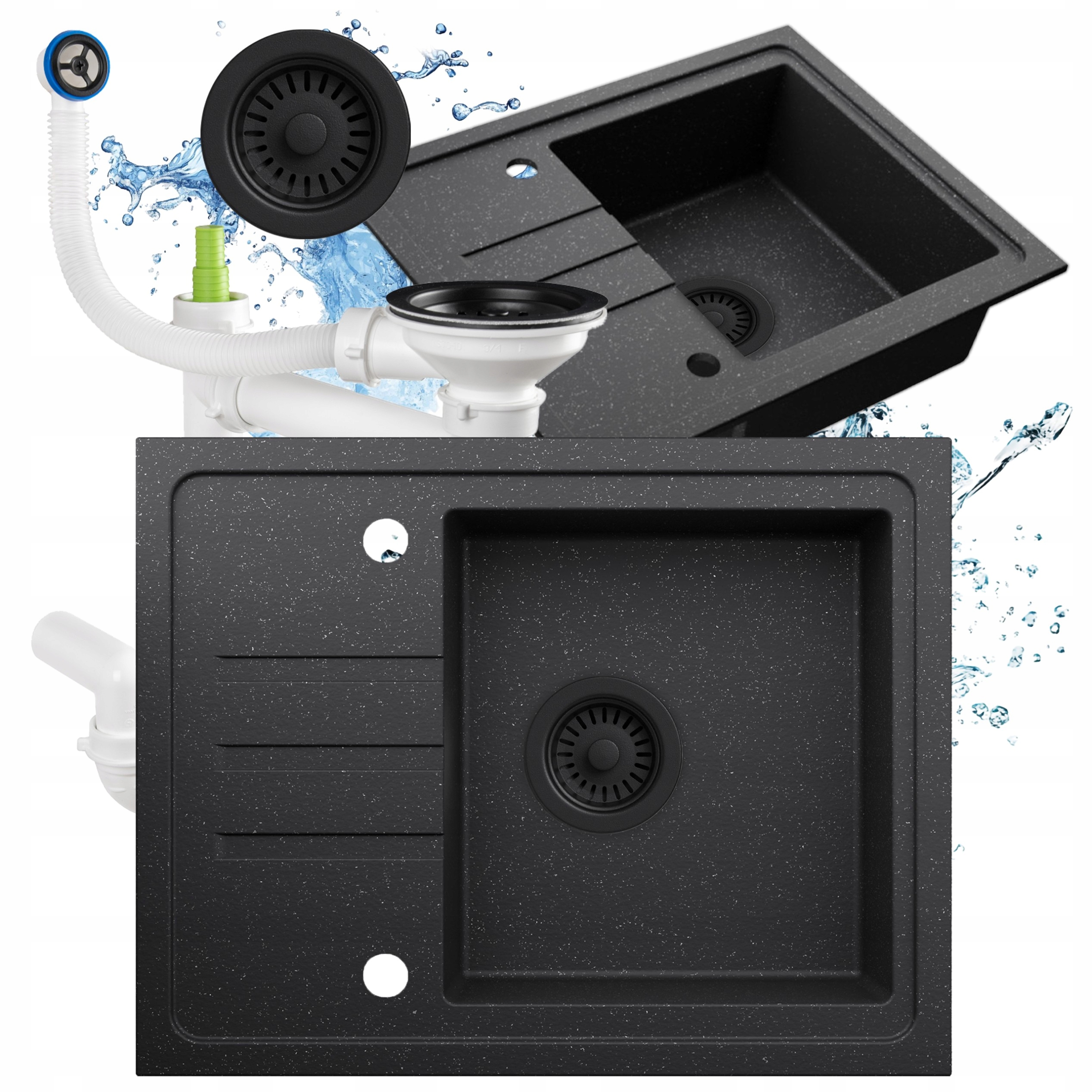 Dřez granitový, skvrnitý, jednokomorový, 55 x 44 cm, s odkapávačem sifon