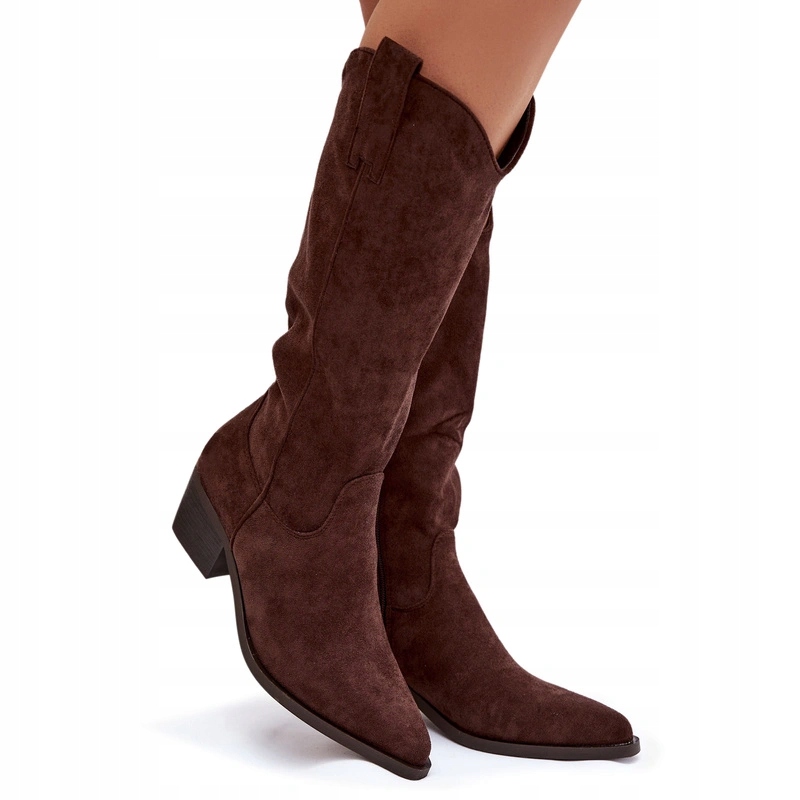 Kozačky Kovbojské Boty Eko Semiš Zkosený Podpatek Zasouvací Na Čokoládový Zip 41