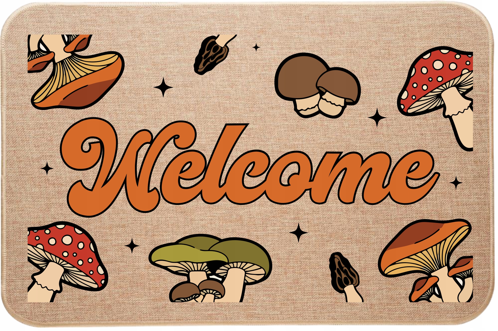 Lněná rohožka pod dveře s barevným podzimním potiskem Welcome s houbami