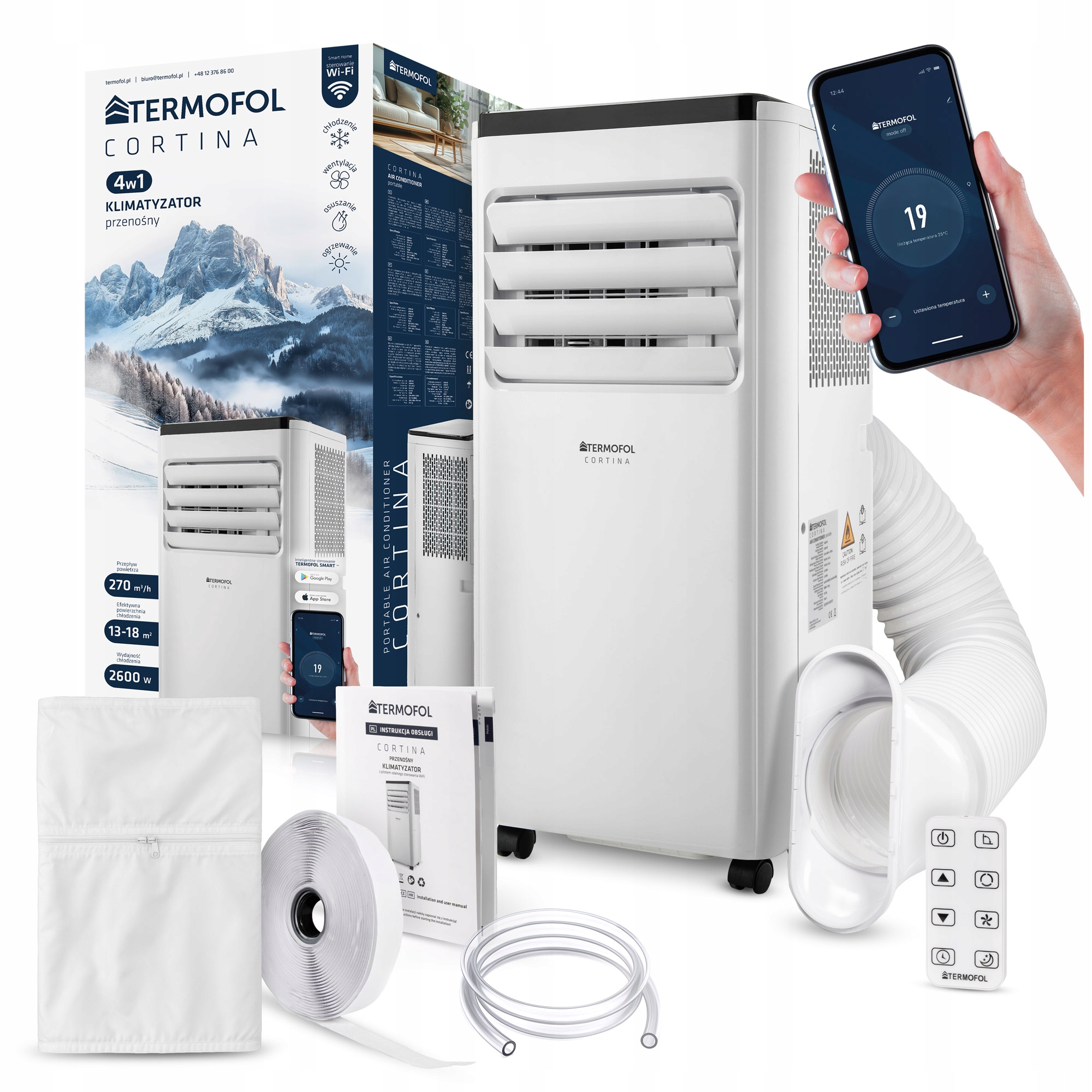 Prenosný Klimatizátor Termofol Cortina 2600W Odvlhčovač Vzduchu 4V1 Wifi