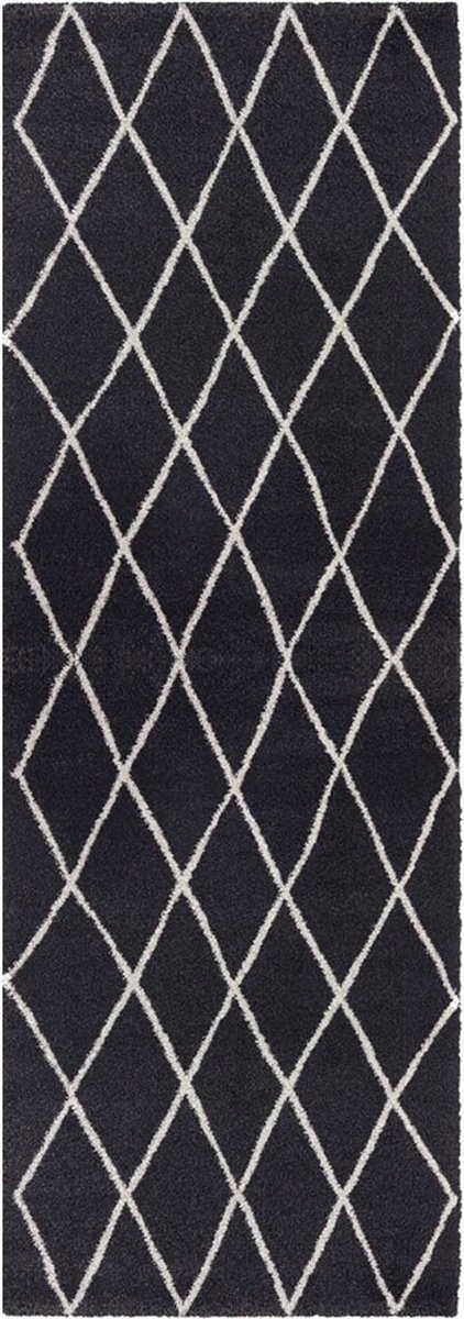 Čierno-krémový hrubý koberec typu shaggy, behúň vzor boho 80x200 cm