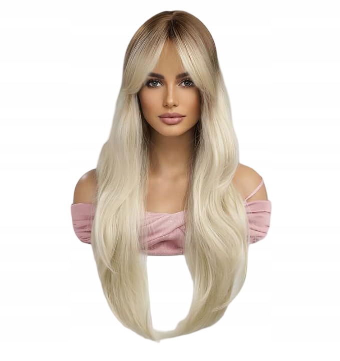 Peruka jasny blond z grzywką odrost brąz długa jak Naturalna+ czepek