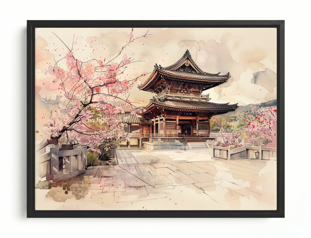Obraz Rama American Box Japonský Chrám Kvitnúca Višňa Akvarel 80x60