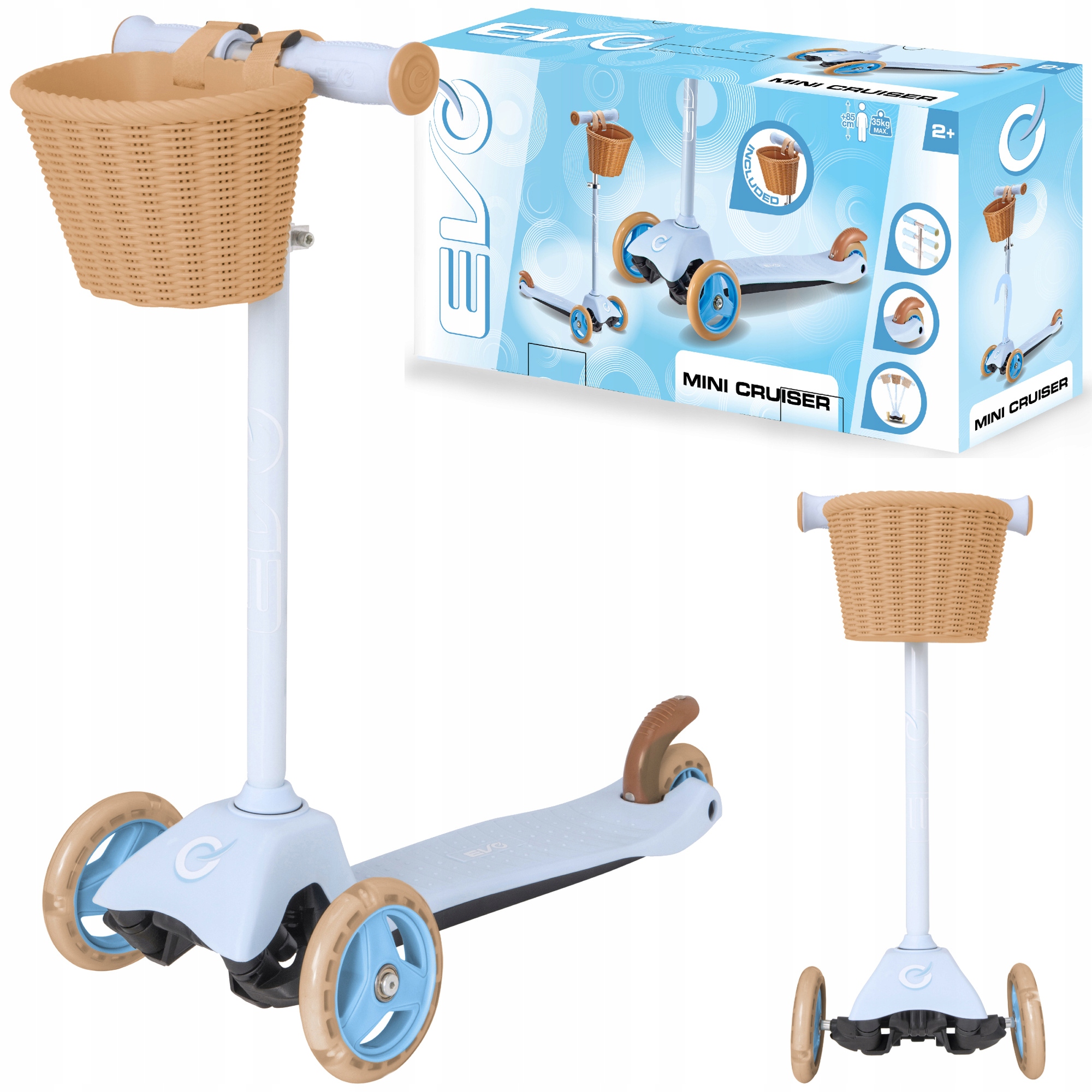 Evo Regulowana Trójkołowa Hulajnoga Dla Dzieci Z Koszyczkiem Błękitna