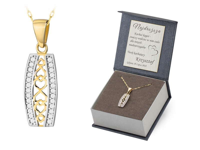 Zlatý Komplet pr. 585 Řetízek 40 cm Přívěsek Obdélníkové srdce 14k Gravírování