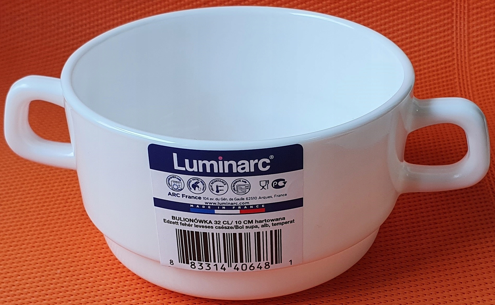 LUMINARC BIAŁA BULIONÓWKA BARSZÓWKA FLACZARKA MISECZKA Z USZAMI 320 ML Kod producenta 28891