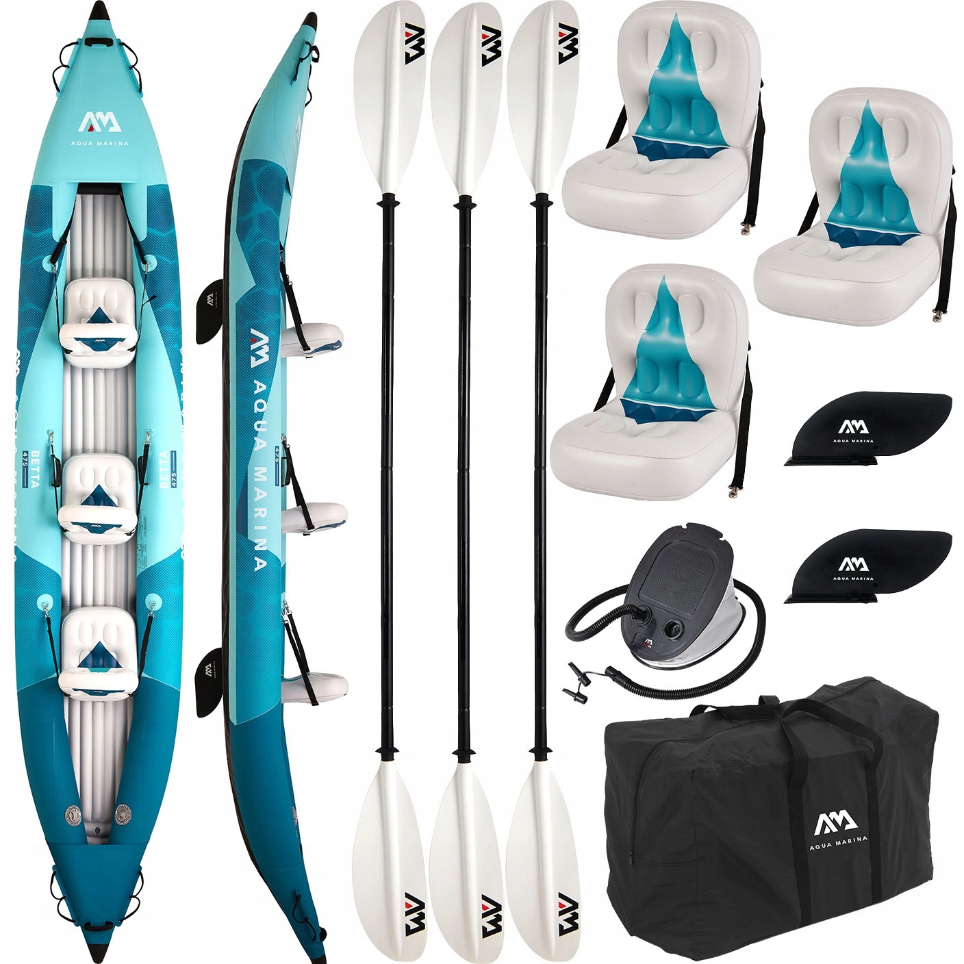 Kajak pompowany dmuchany zestaw Aqua Marina 3-osobowy Betta 475 cm Wiosła