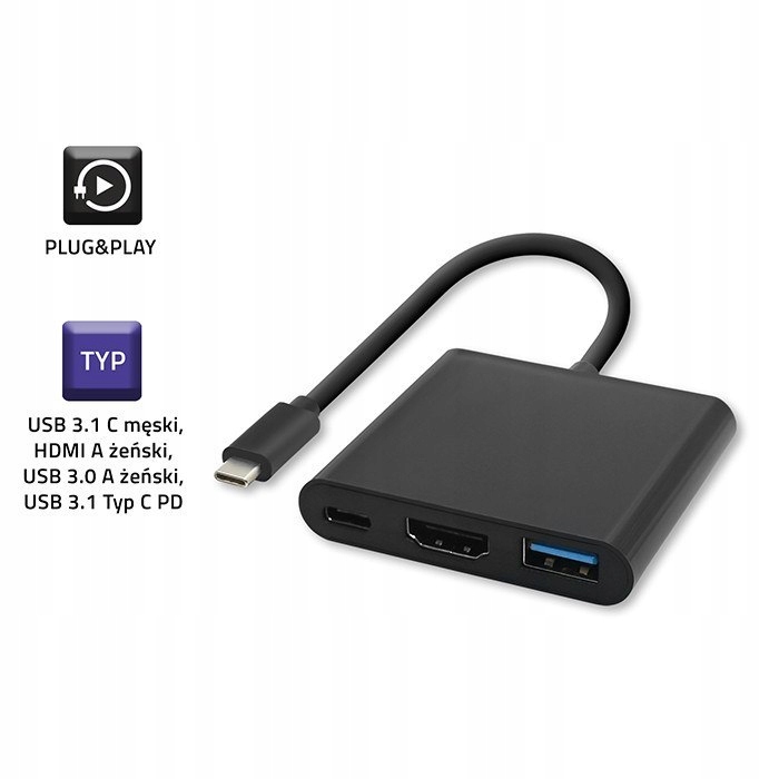 Qoltec Hub Adapter USB-C 3.1 3w1 / USB 3.0 / HDMI 4K / USB-C 3.1 PD 100W Marka Qoltec