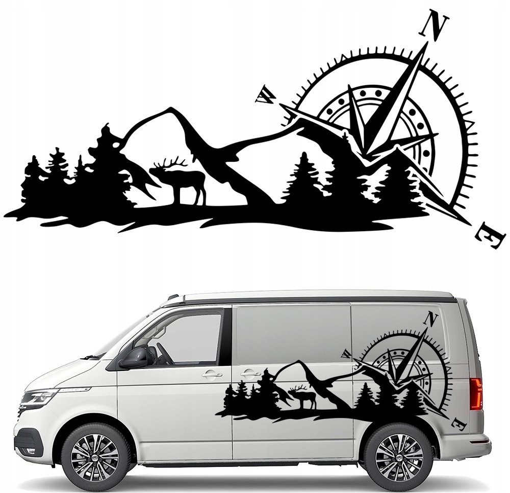 Samolepka Grafika na karavan Kompas Růže Větrů Hory Les 90x188