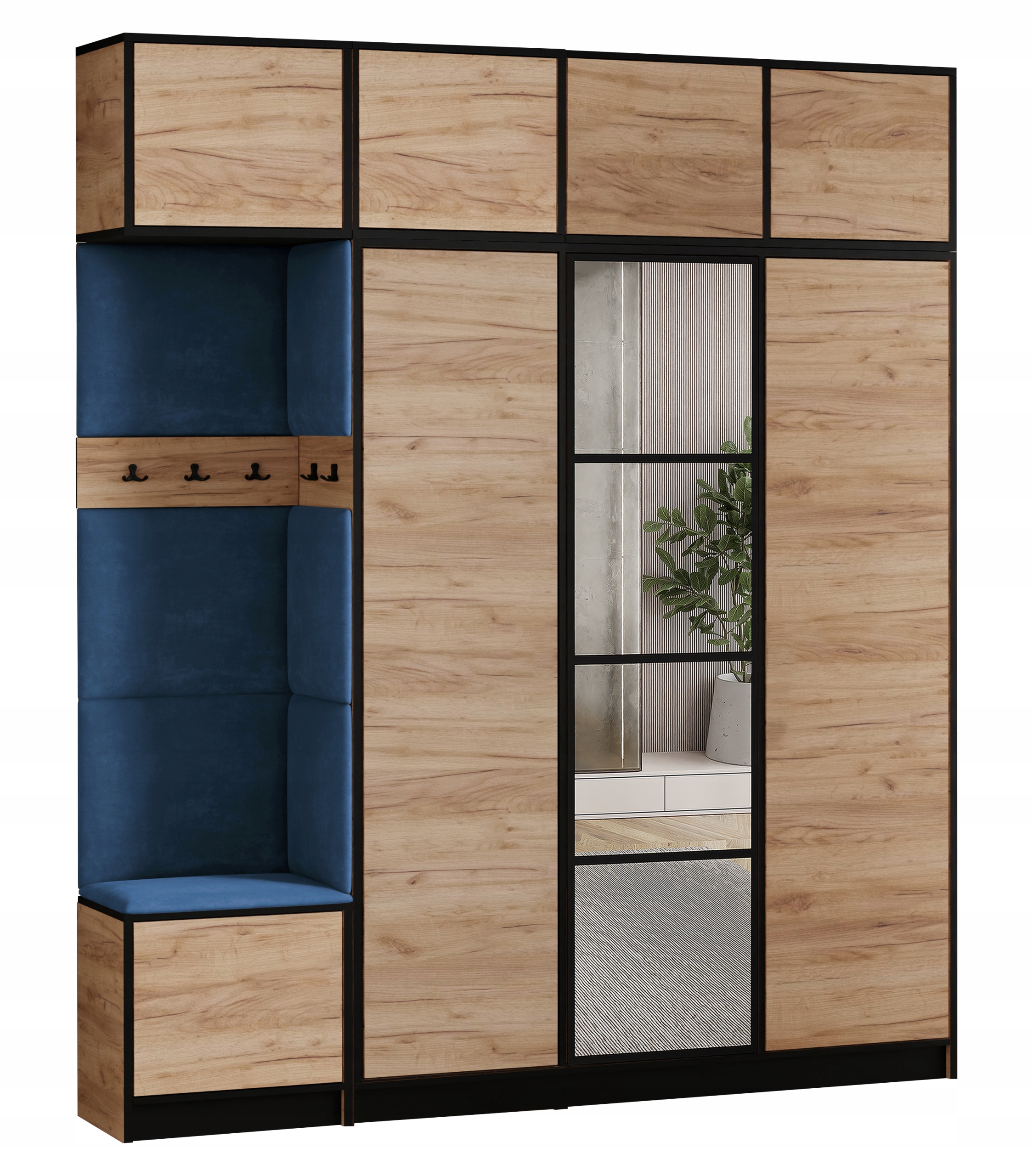 Šatní skříň Costa 14 dub craft modrá tkanina, sedák s nástavcem