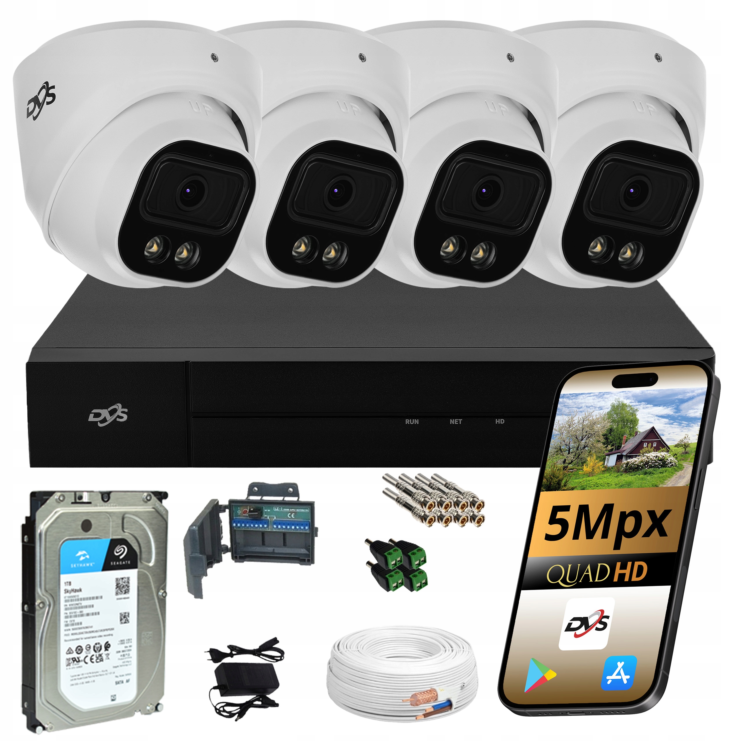 Zestaw 4 Kamer Zewnętrznych Do Monitoringu 5Mpx Dvs Dual Z Dyskiem 1TB