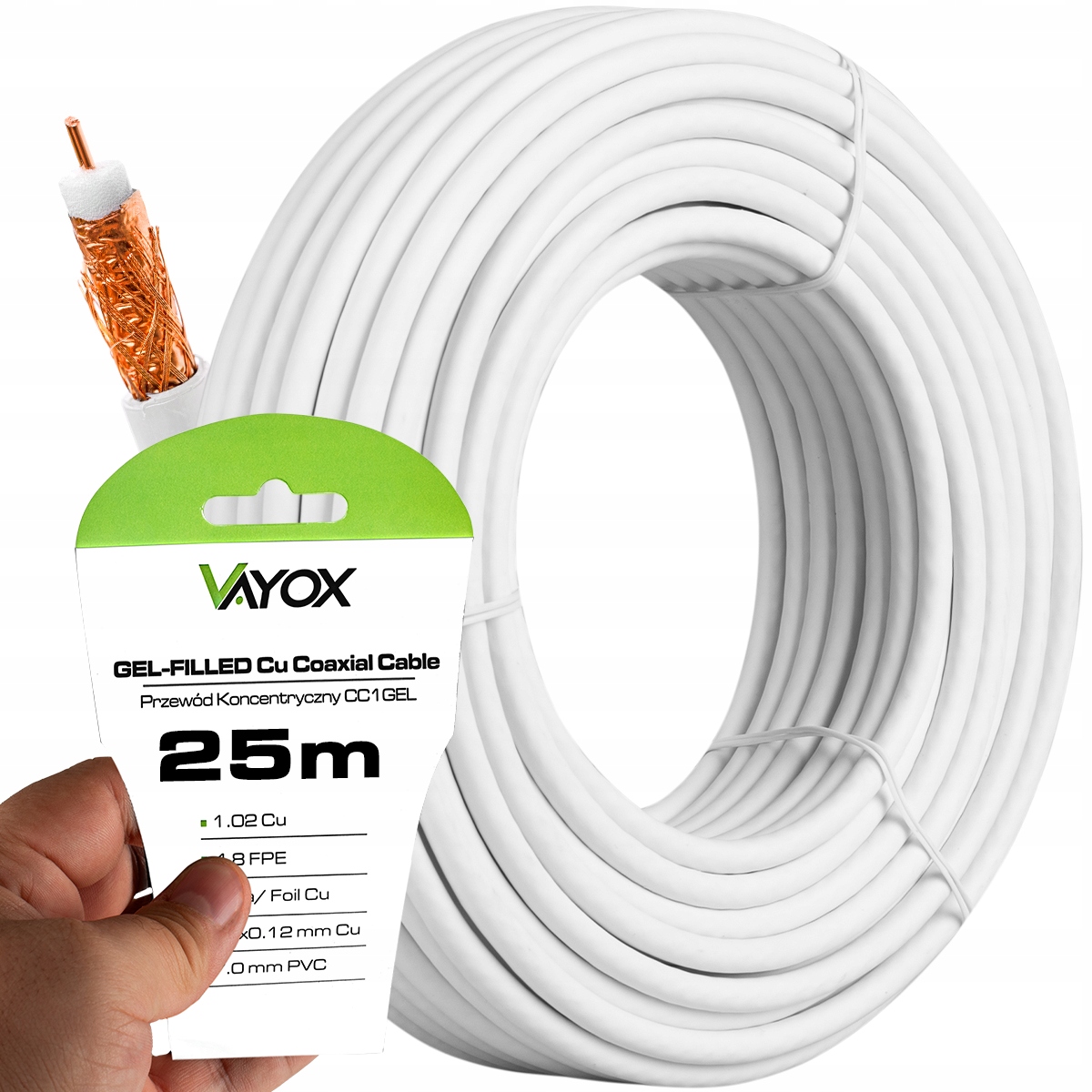 Kabel Przewód Koncentryczny Antenowy Tv RG6U 4K Miedź Cu Odporny Vayox 25M