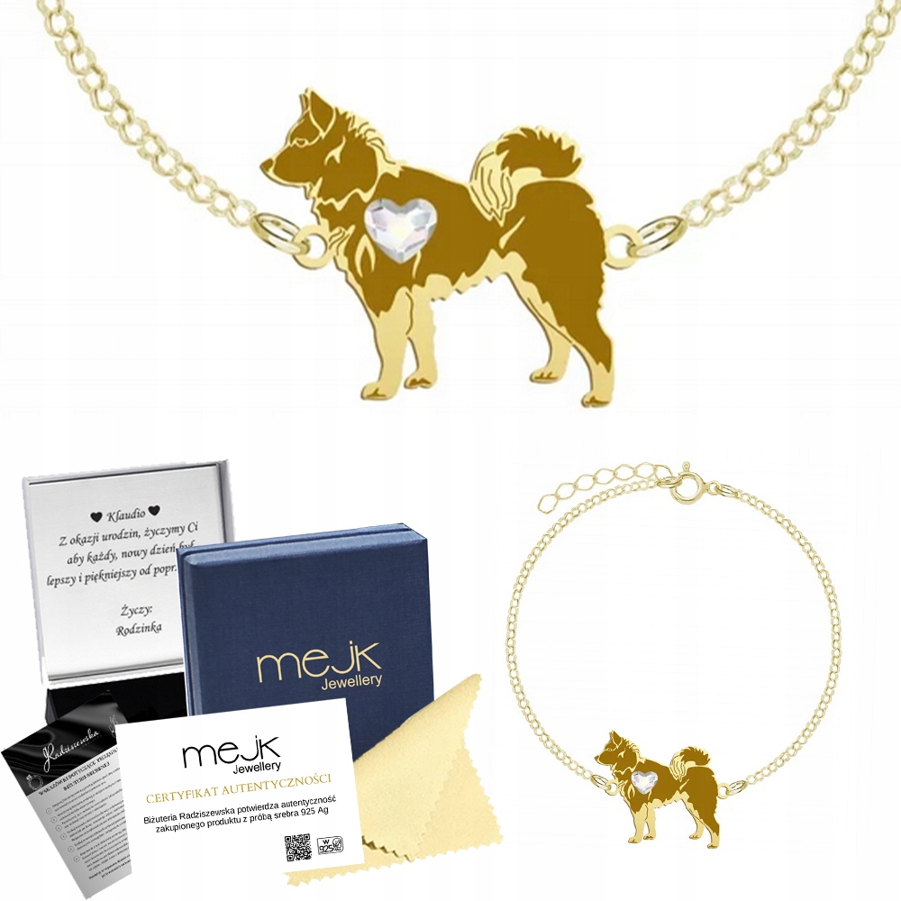 Zlatý náramek Karelian Bear Dog 925 Dárek Žena Gravírování Bonus
