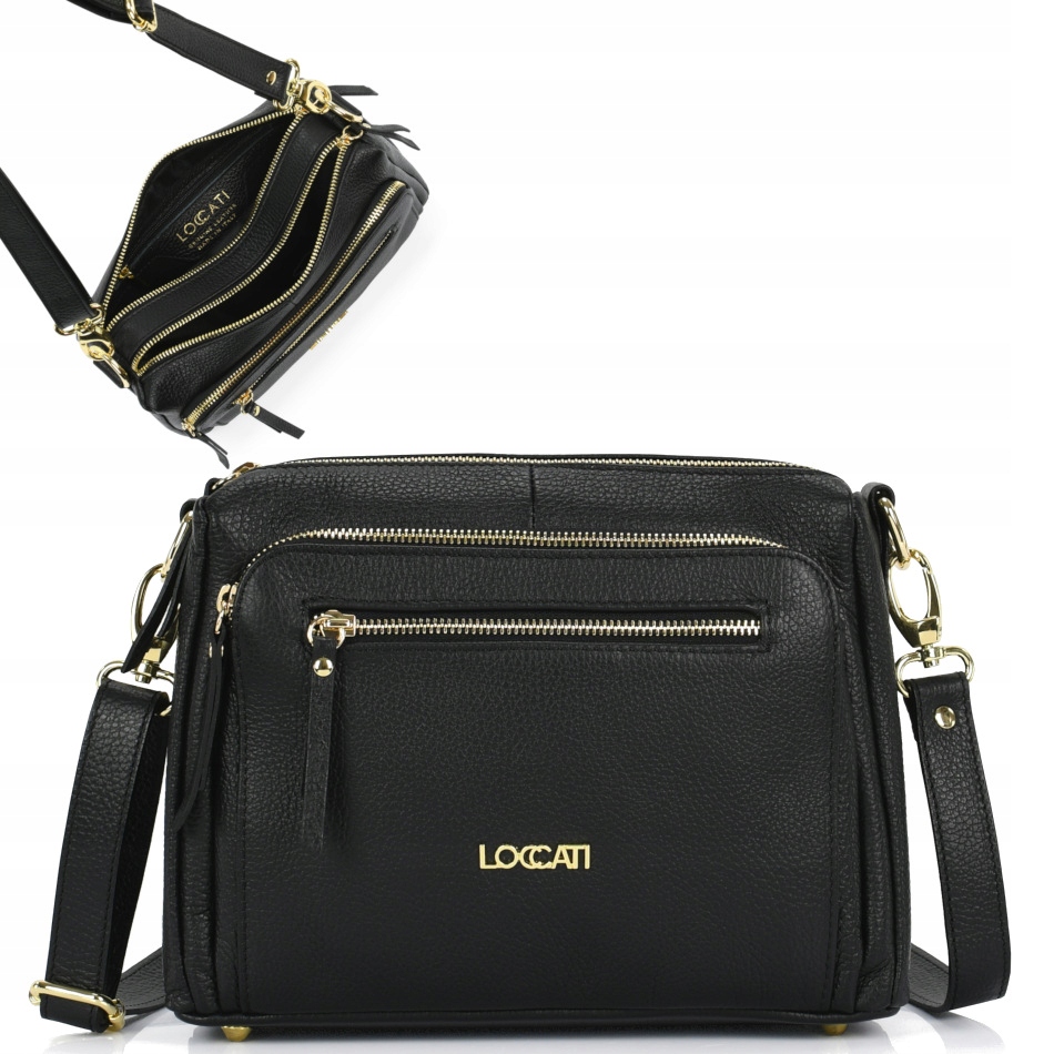 Czarne listonoszki a5 ze złotymi okuciami torebki włoskie markowe Loccati