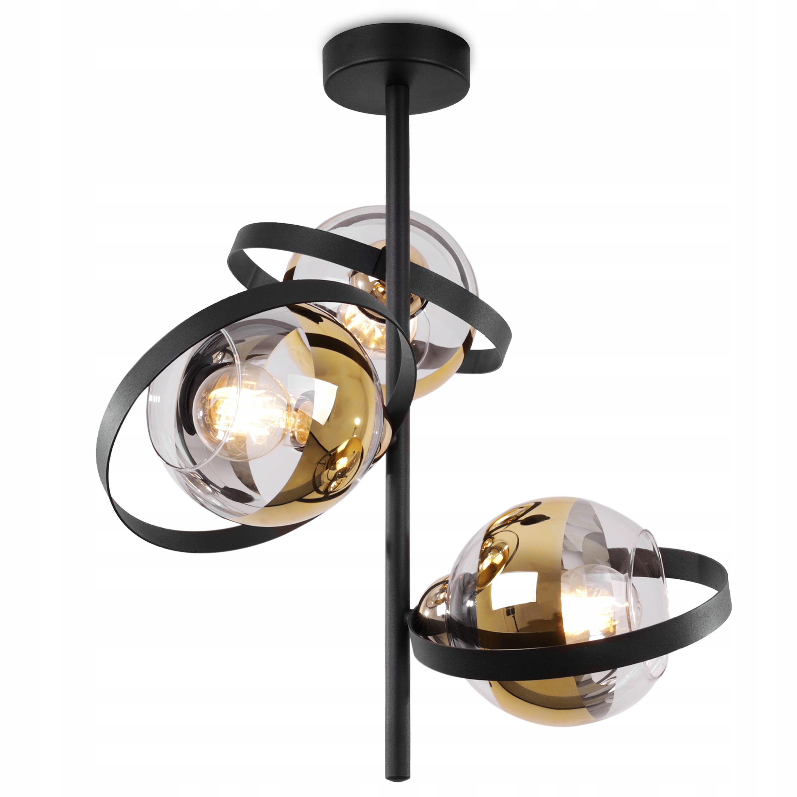 Stropní Svítidlo Trojitý Závěsný Lustr Černozlatý Loft Ring Kule E27