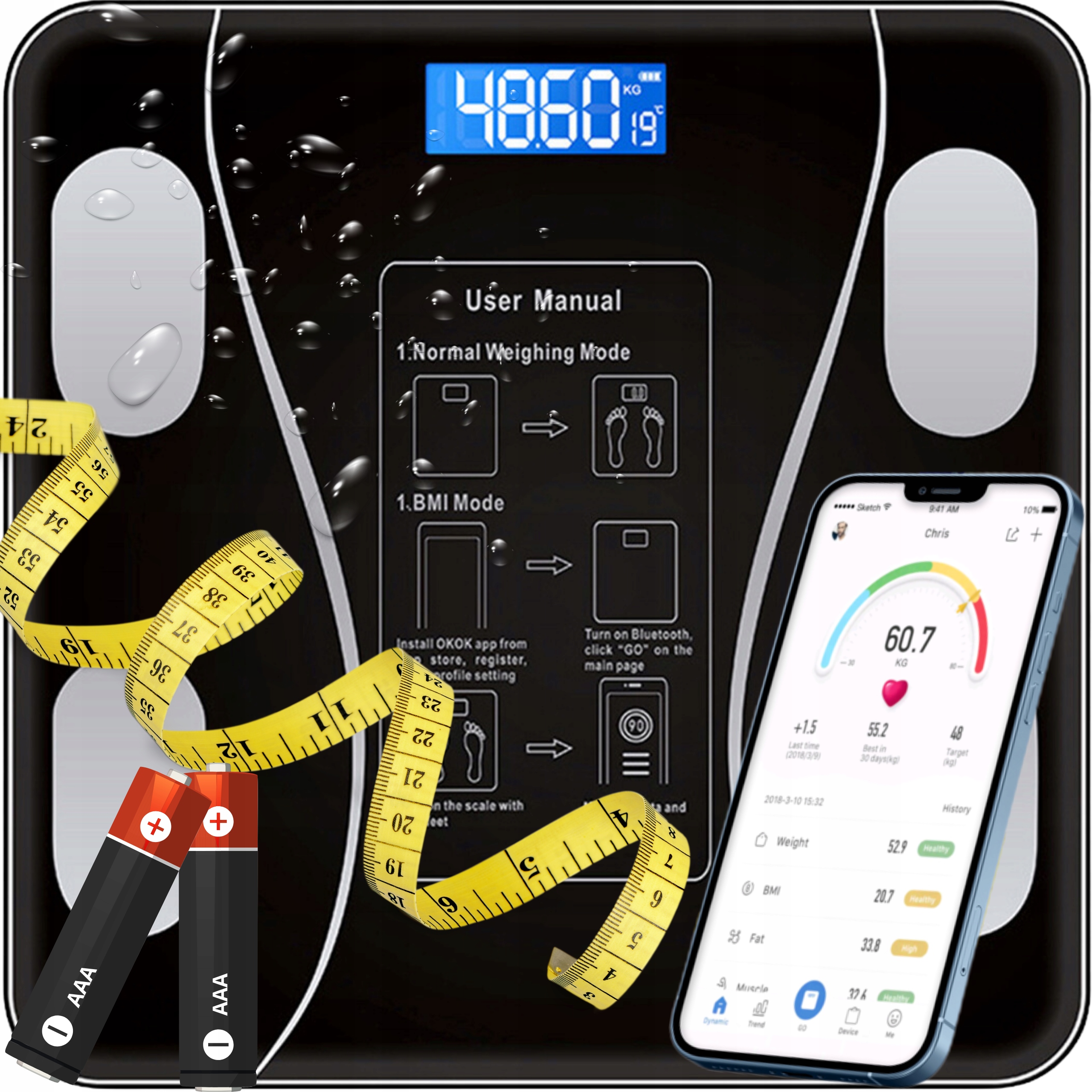 WAGA ŁAZIENKOWA ANALITYCZNA INTELIGENTNA BLUETOOTH SMART 25w1 180Kg + METR