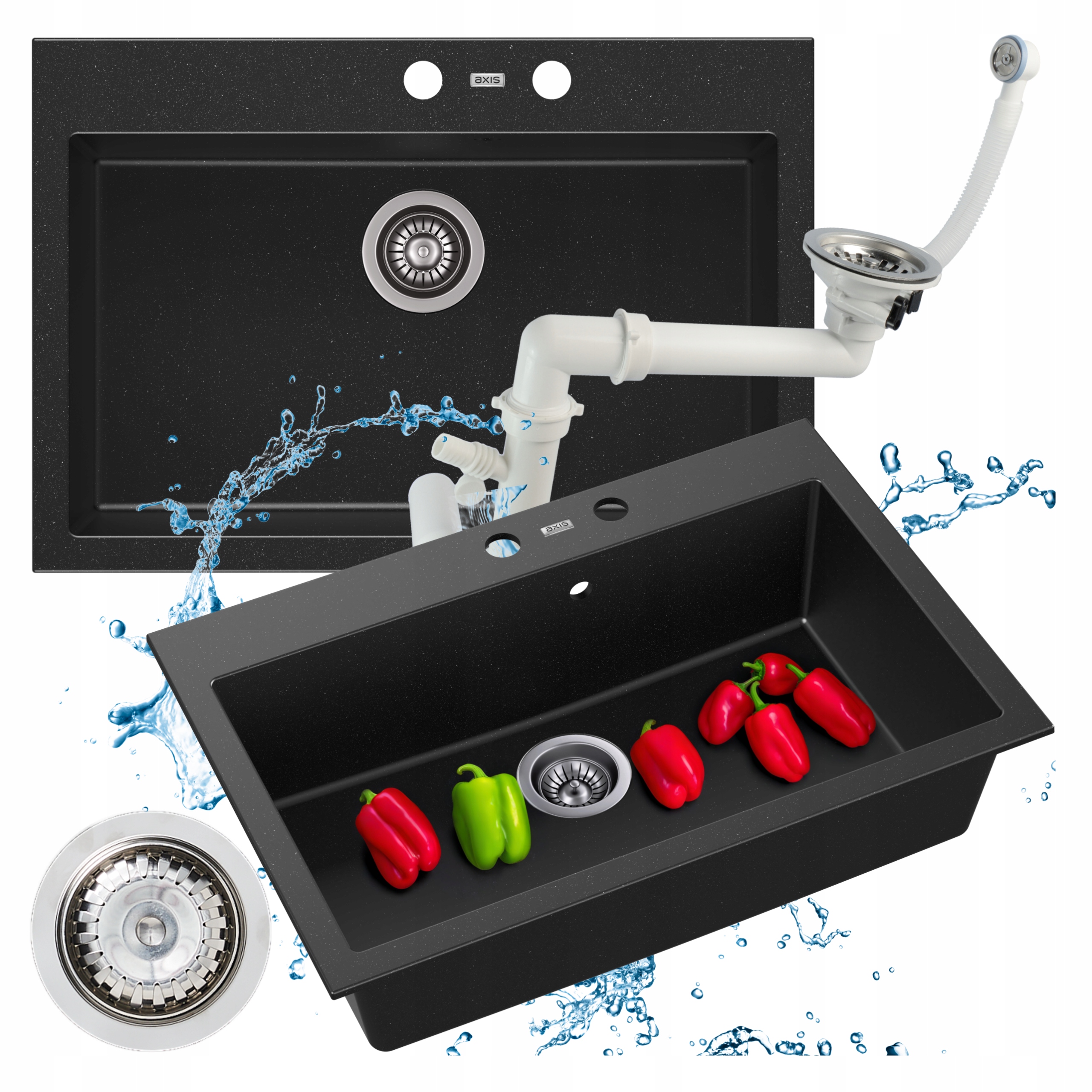 Kuchyňský dřez jednokomorový 73x50 Granitový Velký černý Buddy 60