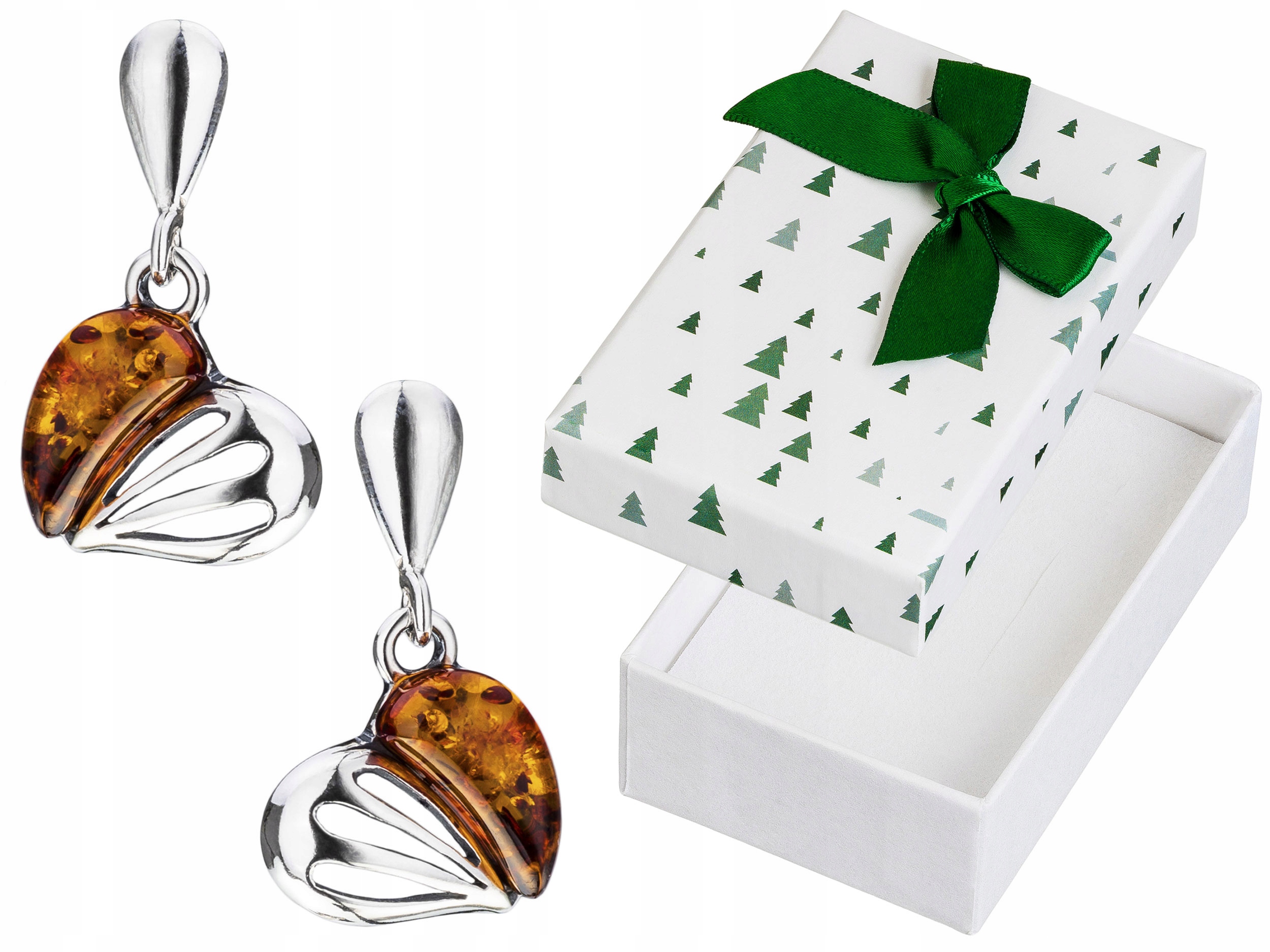 Stříbrné Náušnice Závěsné srdce s jantarem Srdíčka Šroubky Stříbro 925