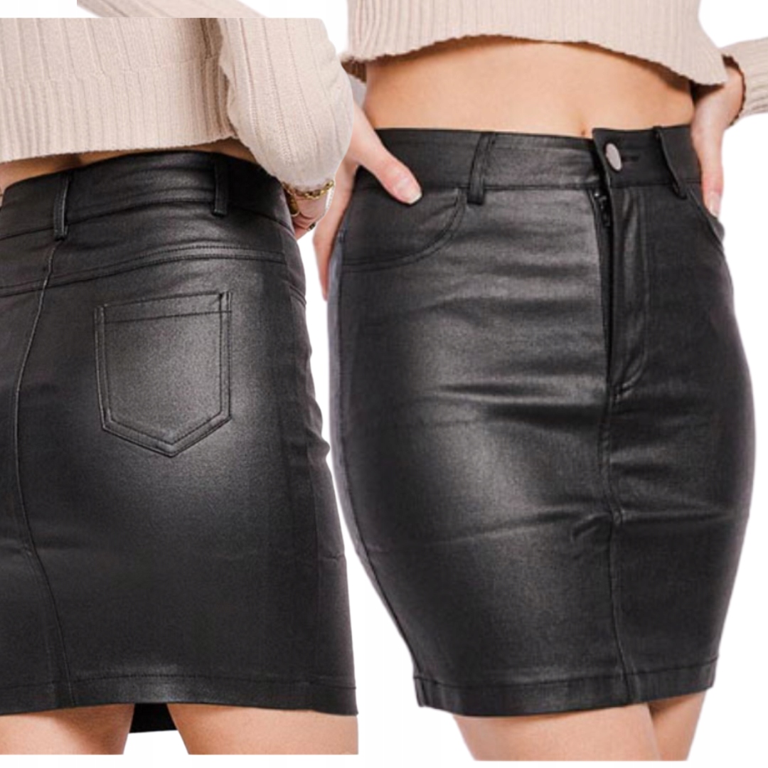 Czarna Ołówkowa Spódnica Woskowana wysoki stan damska 36 S