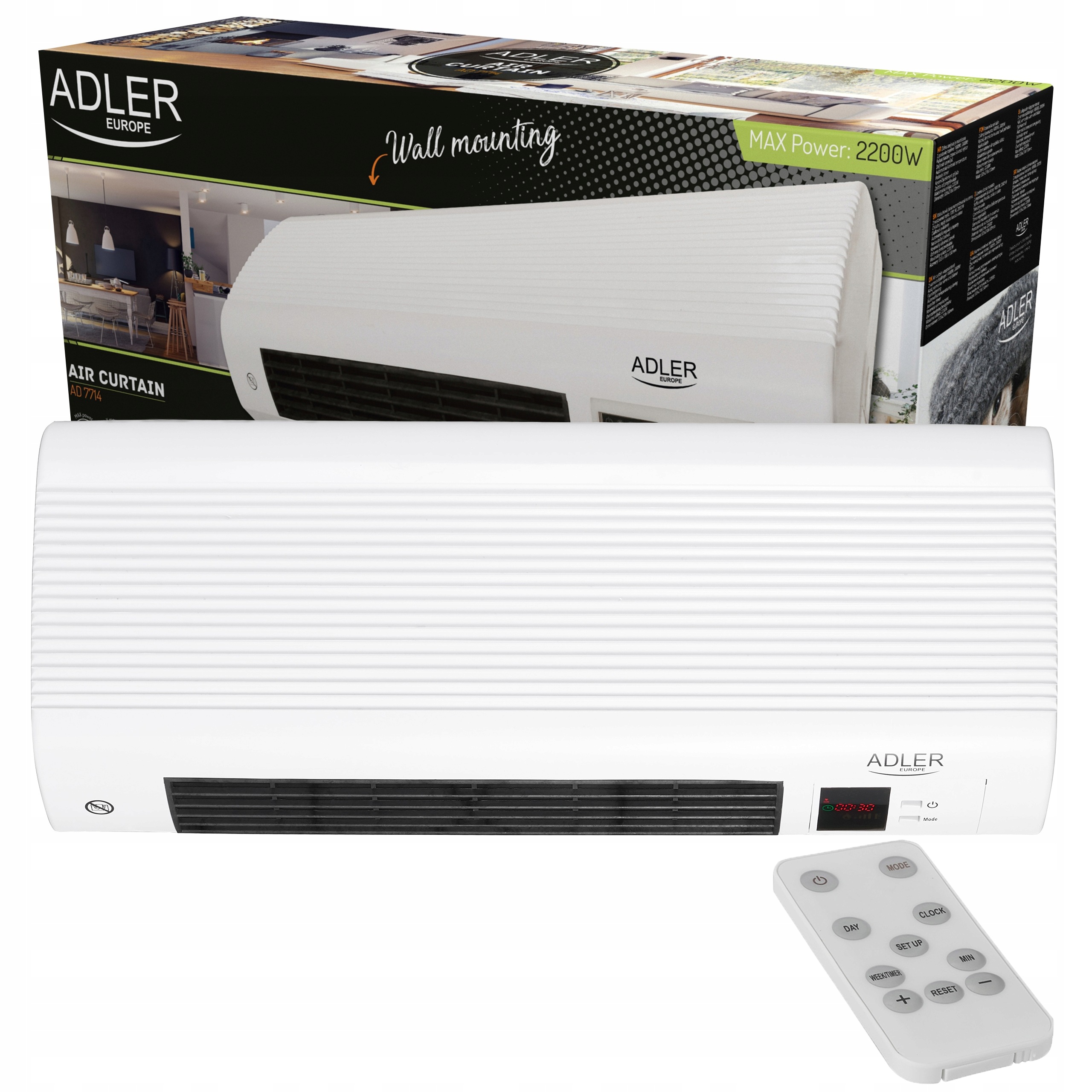Vzduchová Clona S Dálkovým Ovládáním, Termoventilátor, Elektrický Ohřívač 2200 W, Led