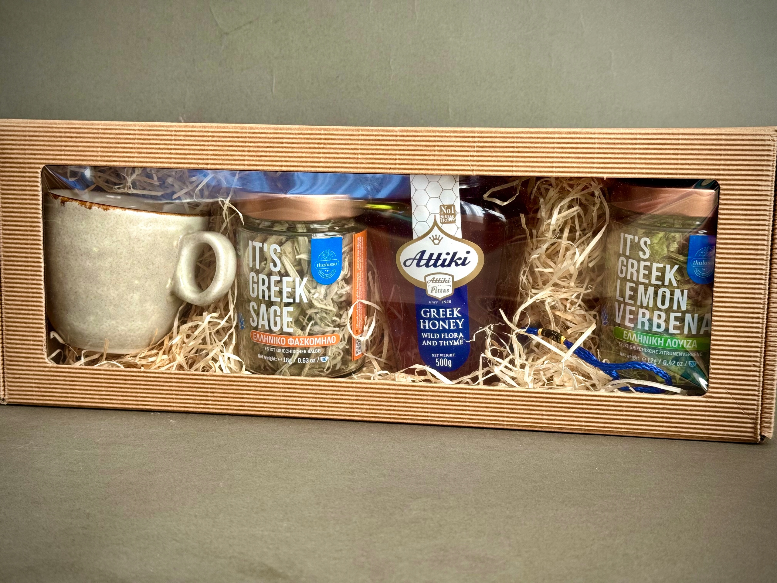 Zestaw prezentowy Grecki, miód Attiki 500 g zioła filiżanka