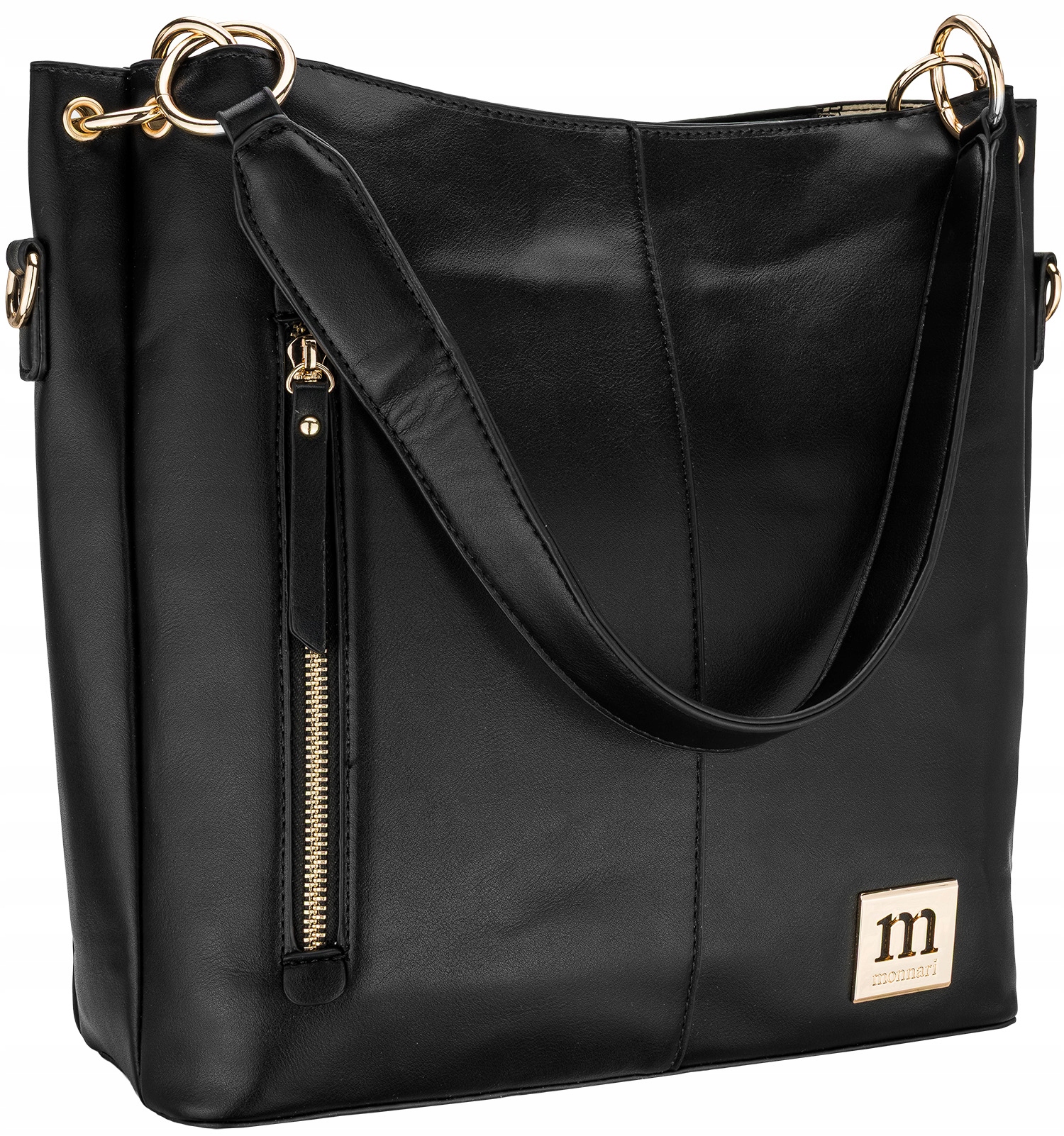 Torebka MONNARI SHOPPER NA RAMIĘ Listonoszka Czarna DŁUGI PASEK ZŁOTE LOGO