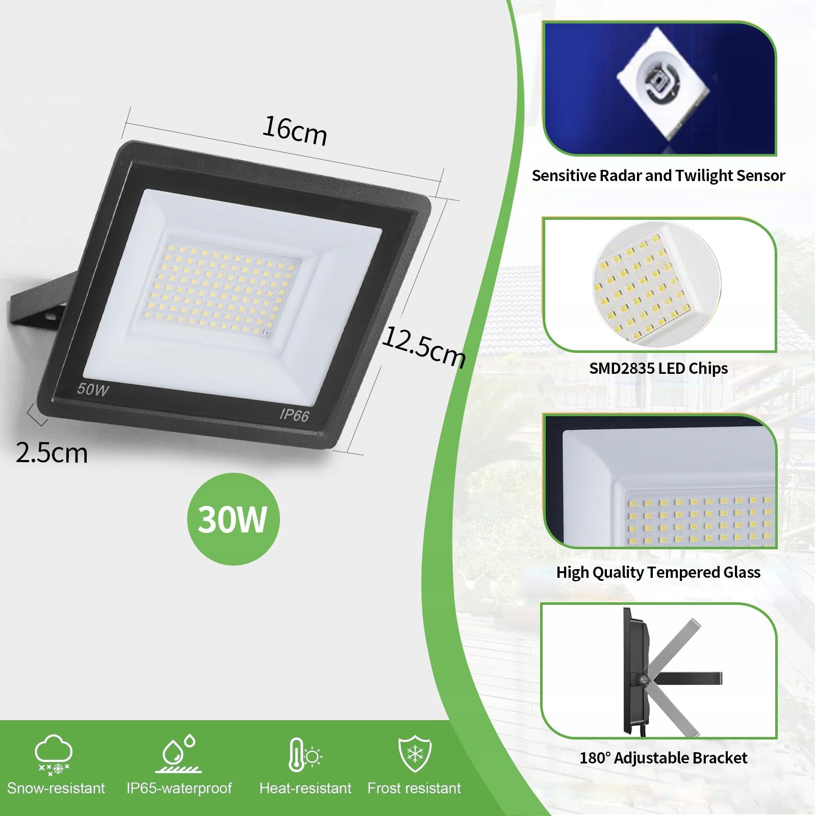 FOSINGUT 50W LED Reflektor Z Czujnikiem Ruchu 5000LM IP66 Do Ogrodu 3000K — miniatura 5