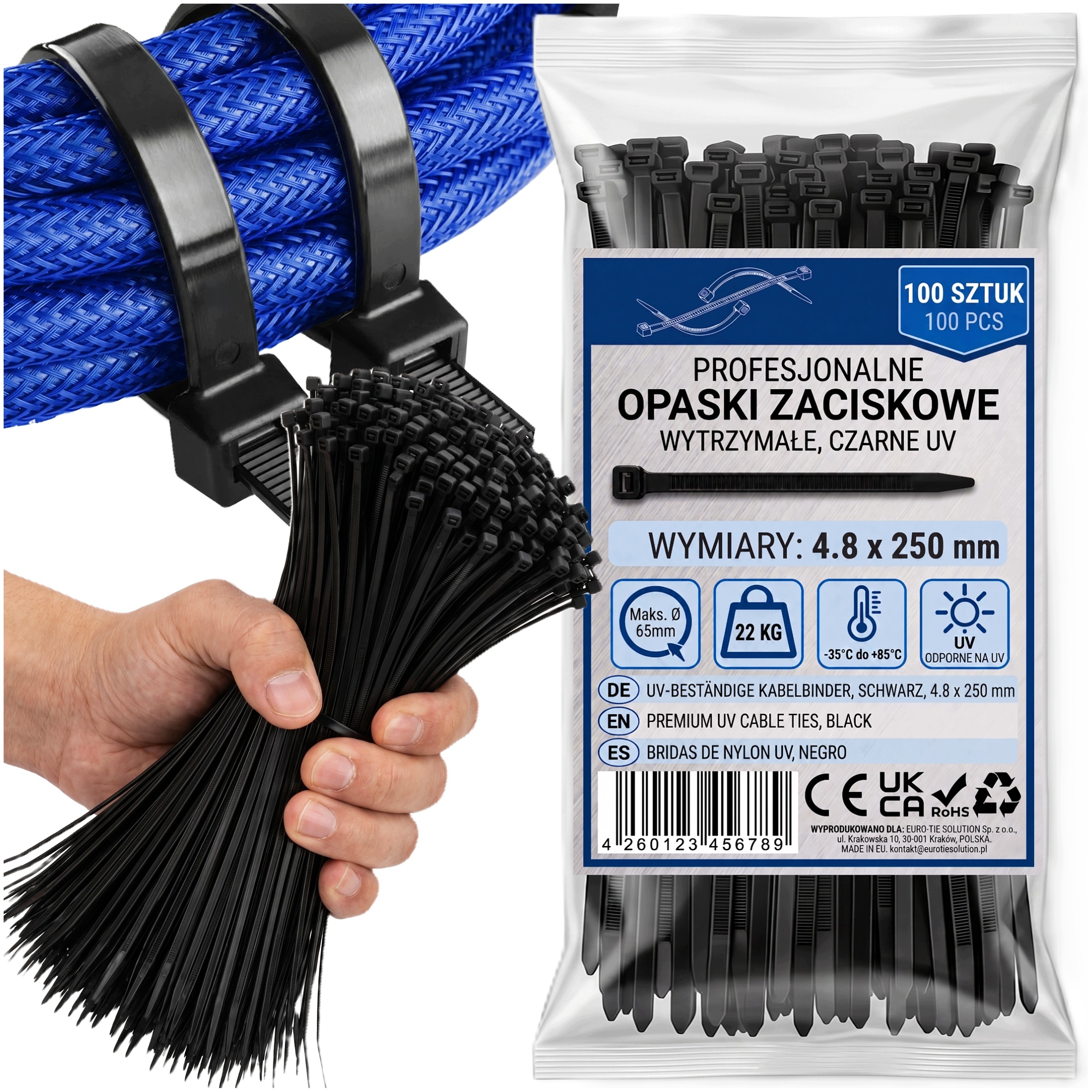 Opaski Zaciskowe Trytytki Kablowe Wytrzymałe Mocne Czarne Uv 4.8x250 100szt