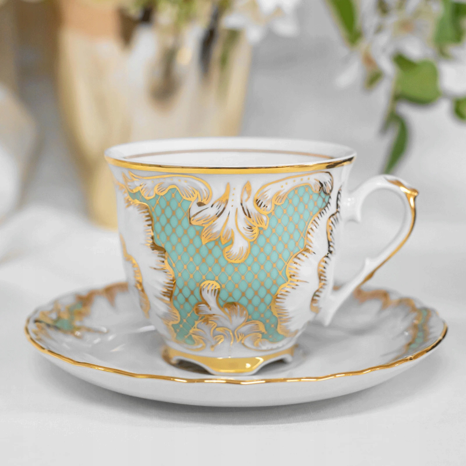 Ćmielów šálka Rococo Tyrkys 250 ml – pozlátenie certifikát