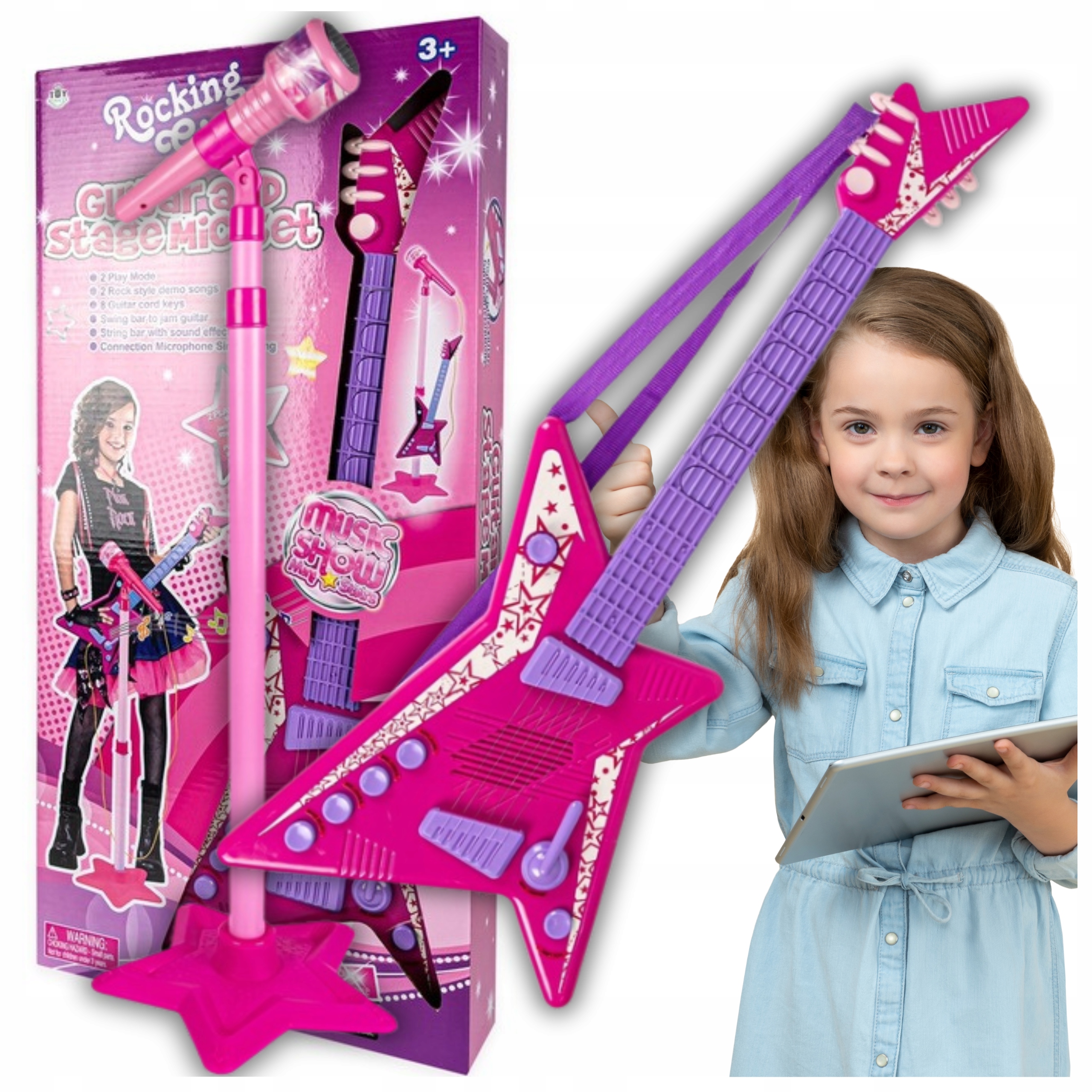 KARAOKE MIKORFON GITARA ELEKTRYCZNA ZE STATYWEM RÓŻOWA NA PASKU PRZYCISKI