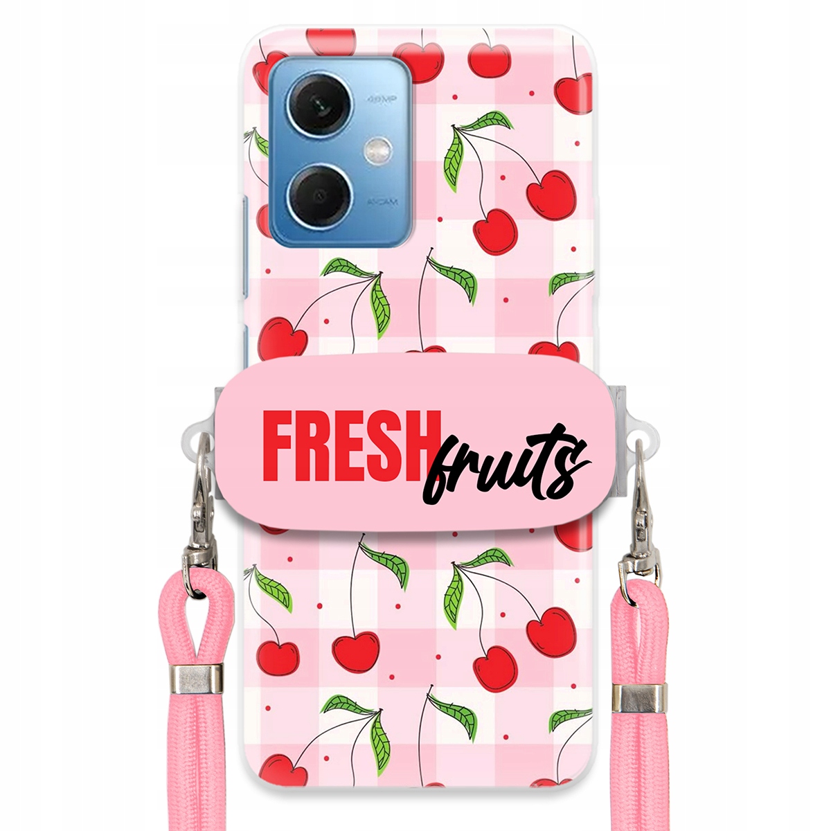 Puzdro pre Xiaomi Redmi Note 12 5G Držiak na šnúrku Ružový Fresh Fruits Mriežka