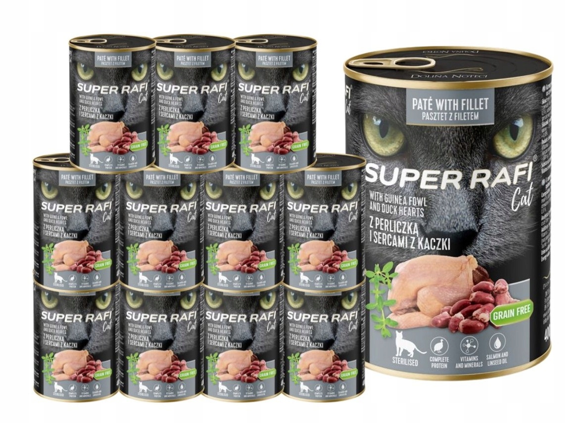 Levně Rafi Cat Sterilised vlhké krmivo Kočka perlička a kachní srdce 12x400