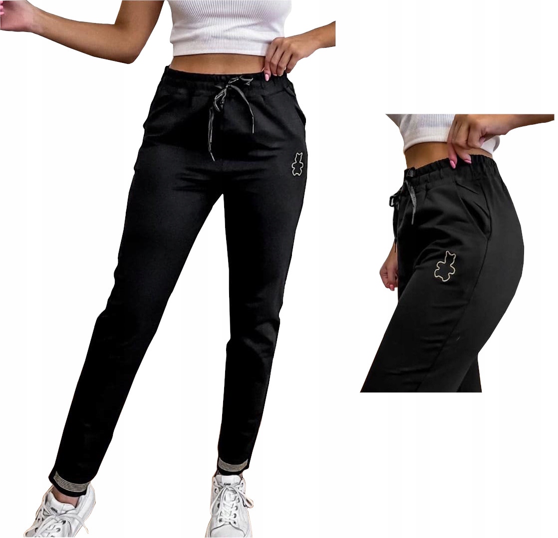 SPODNIE DRESOWE DAMSKIE JOGGERY ZE ŚCIĄGACZEM MIĘKKIE CZRARNE LOGO MIŚ S/M