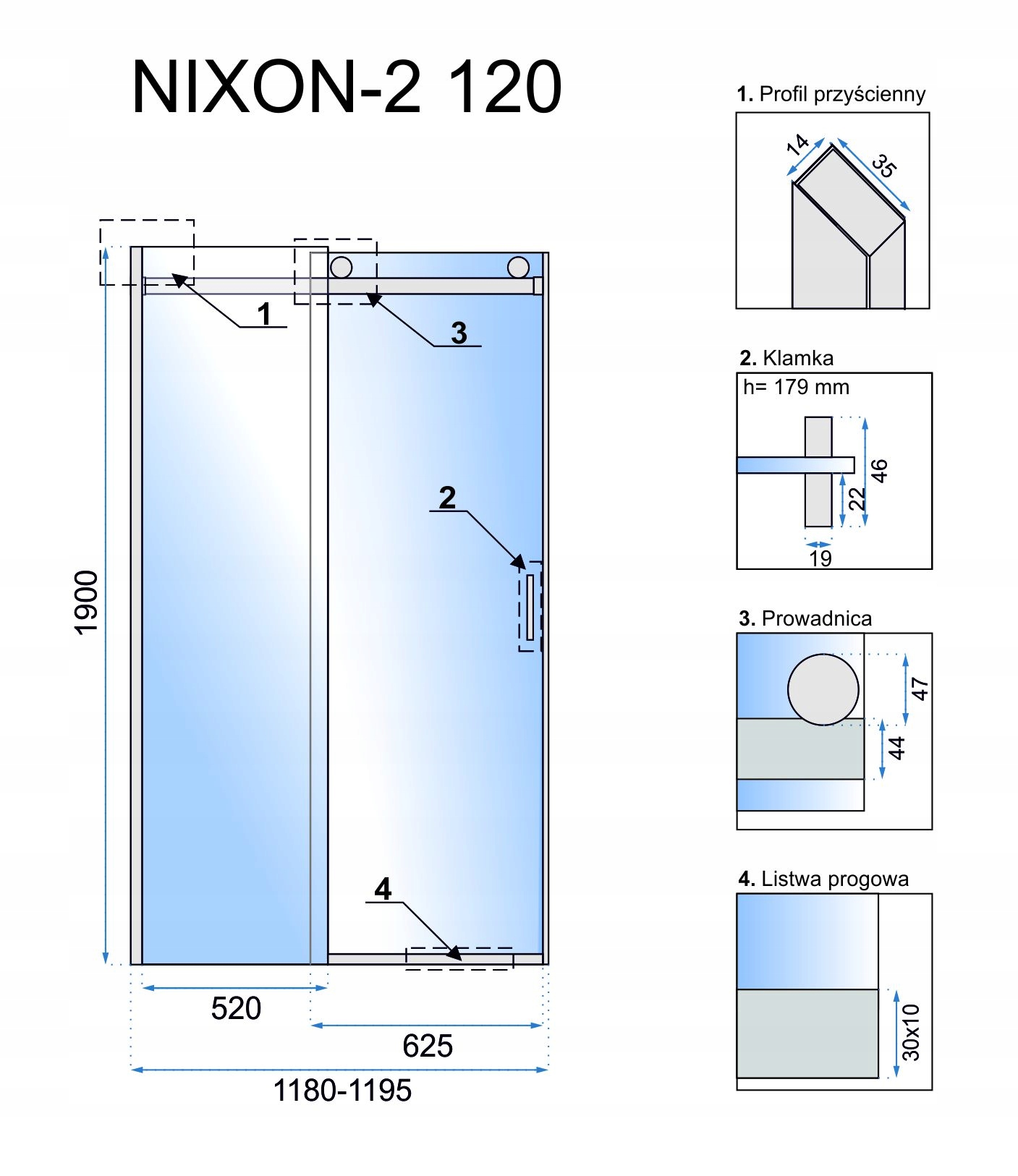 8mm Nixon 120 posuvné sprchové dveře pravé.Montáž vpravo