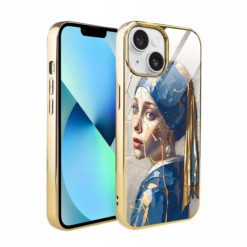 Pouzdro pro iPhone 13 Ibizu Elite Glass, skleněná zadní strana, žena s perlou, zlaté