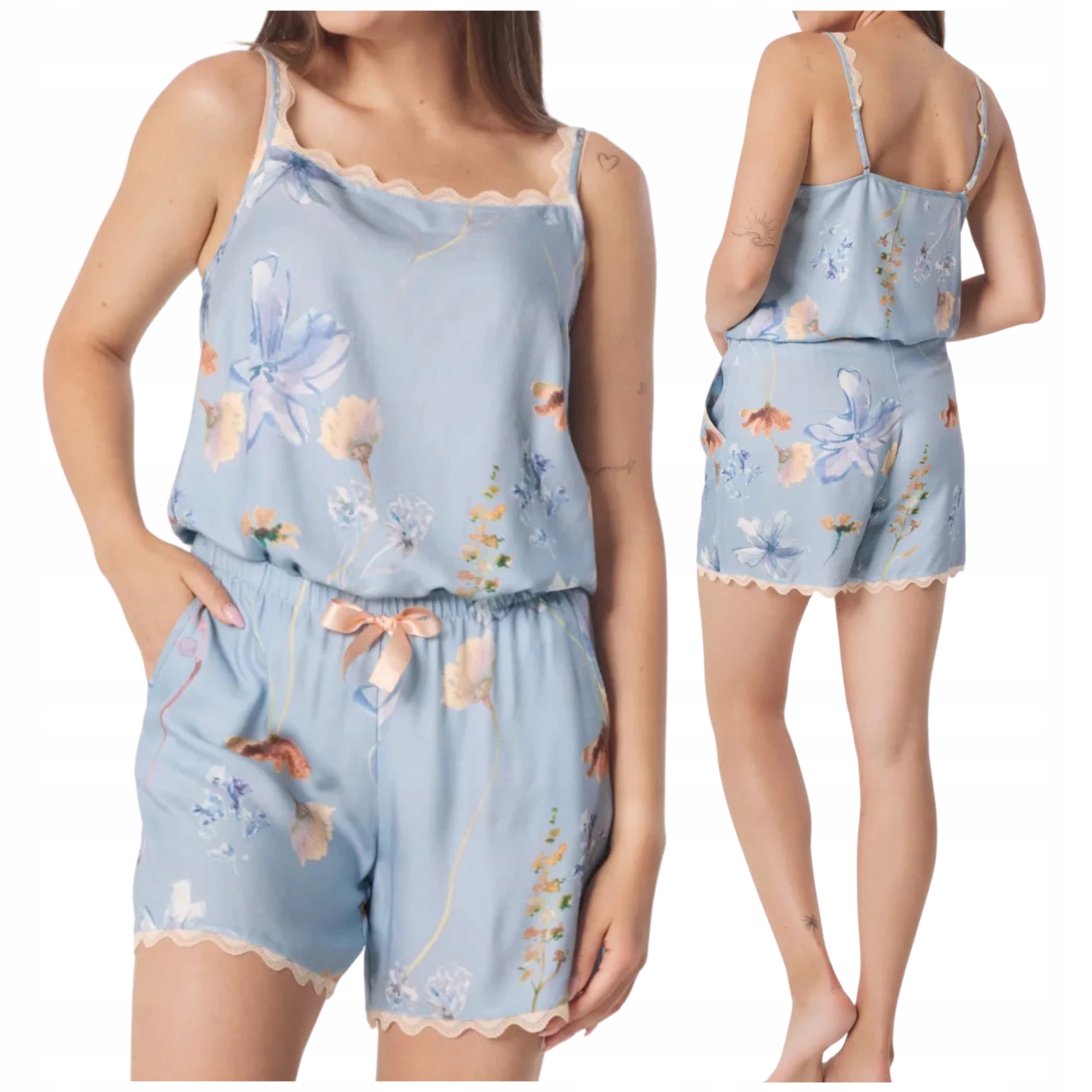Pyžamo Mefemi šortky a top s květinami, krajkový výstřih, modré, velikost XL