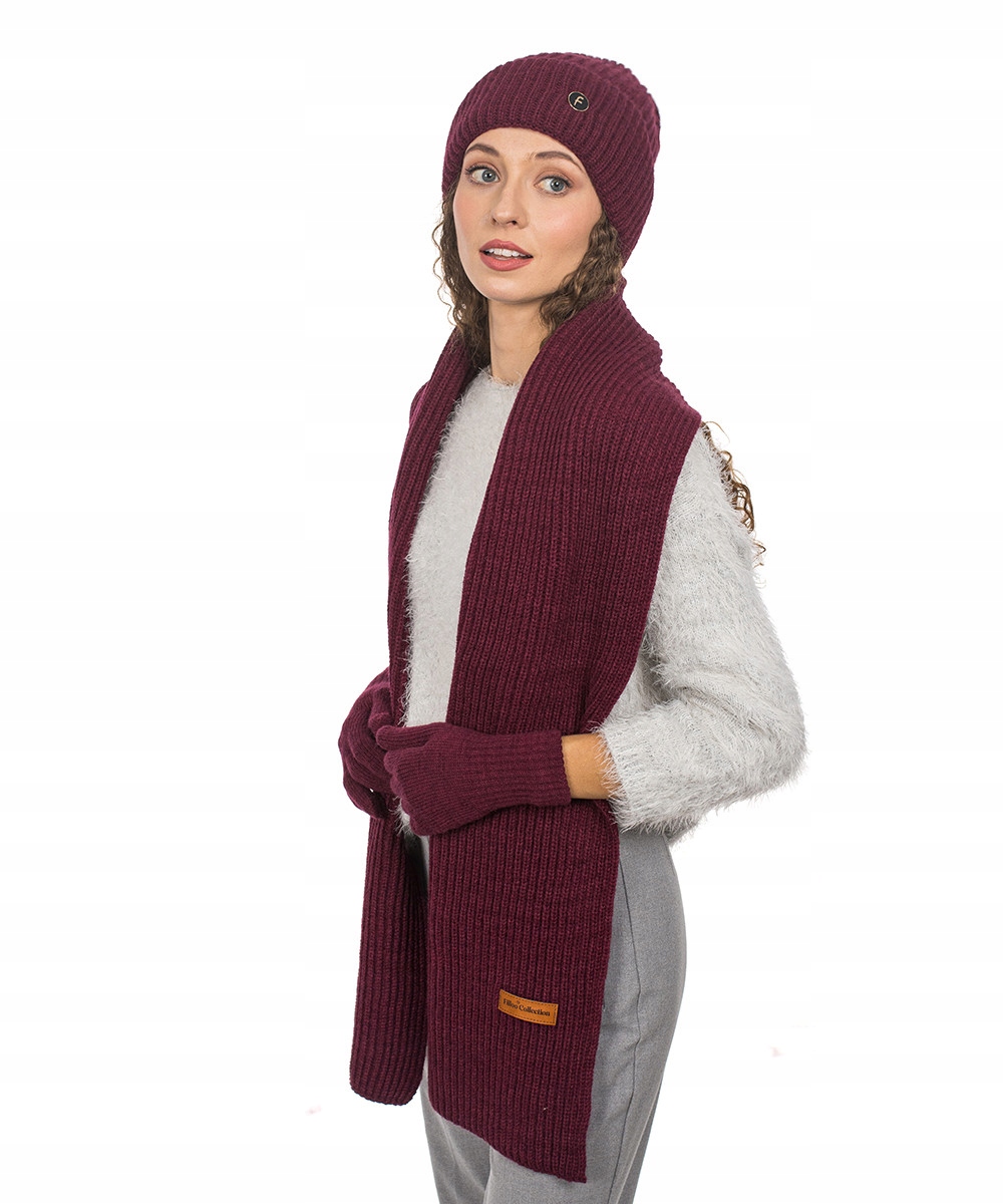 Burgundská Sada: Dlouhá Čepice, Šála a Rukavice 3v1 – Teplá Zimní Stylová