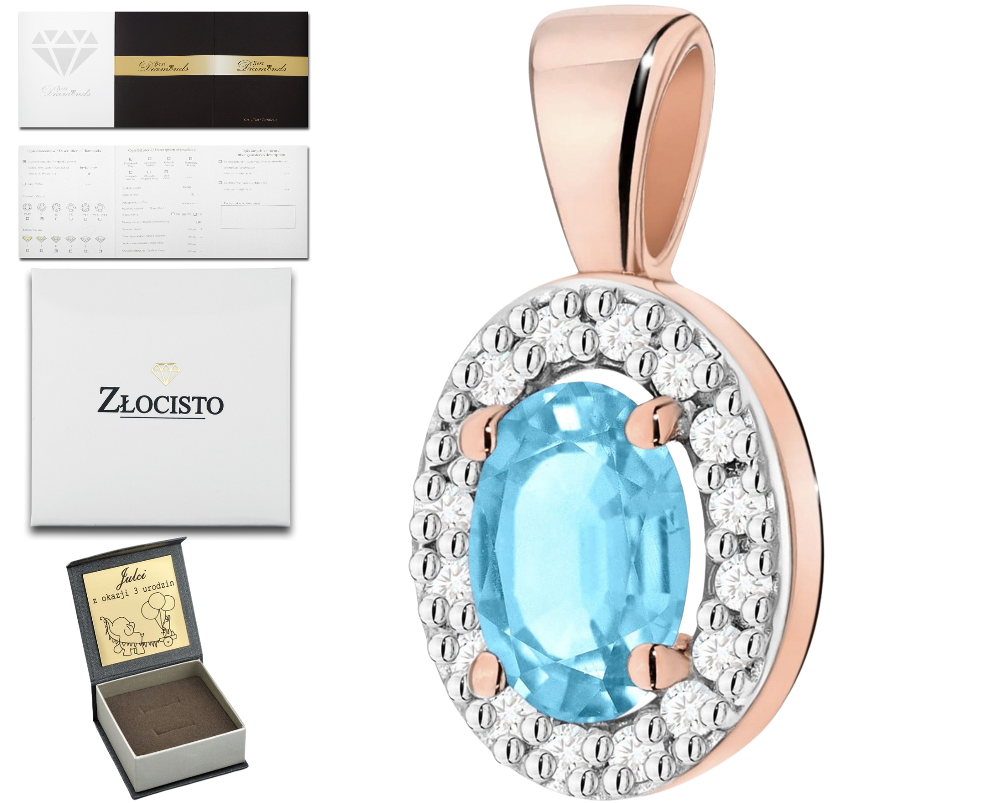 Růžový Zlatý Přívěsek S Topazem A Diamanty, Zlatý Dárek 585 Pro Ni