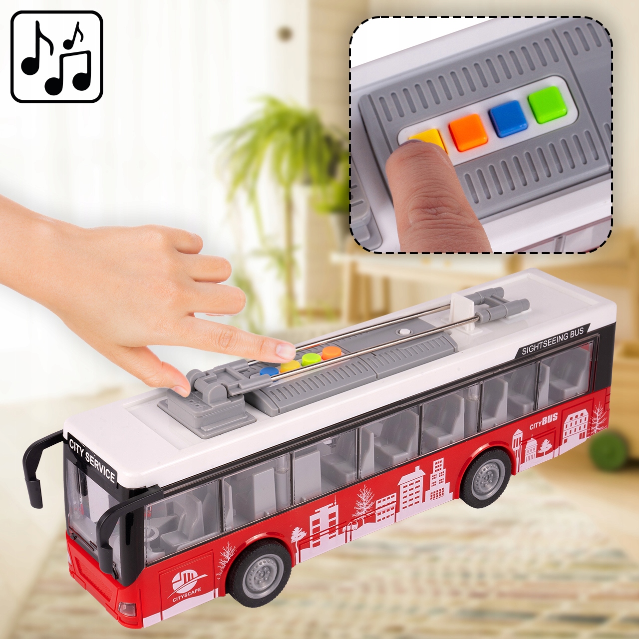 AUTOBUS MIEJSKI INTERAKTYWNY Z NAPĘDEM 1:16 OTWIERANE DRZWI DLA DZIECI Szerokość produktu 32.5 cm