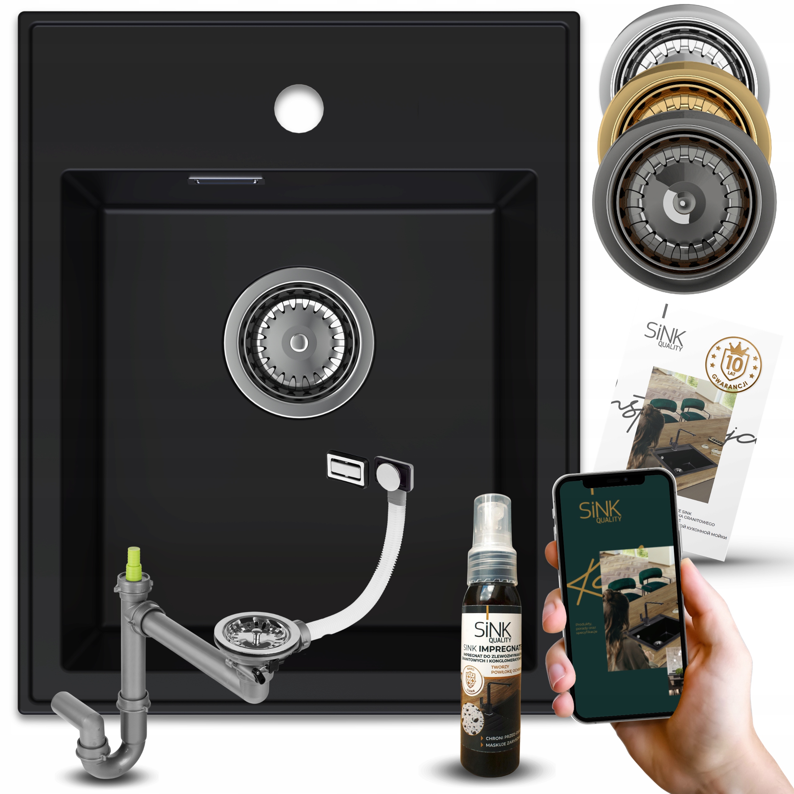 Dřez Jednokoromový Granitový Černý Manuální Sifon Impregnace