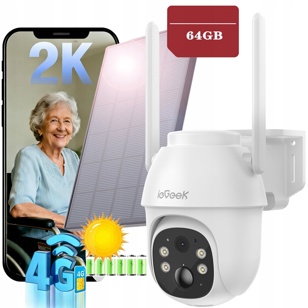 Bezprzewodowa Kamera Solarna Gsm Z Silną Baterią Na Kartę Sim 4G 3MPx 64GB
