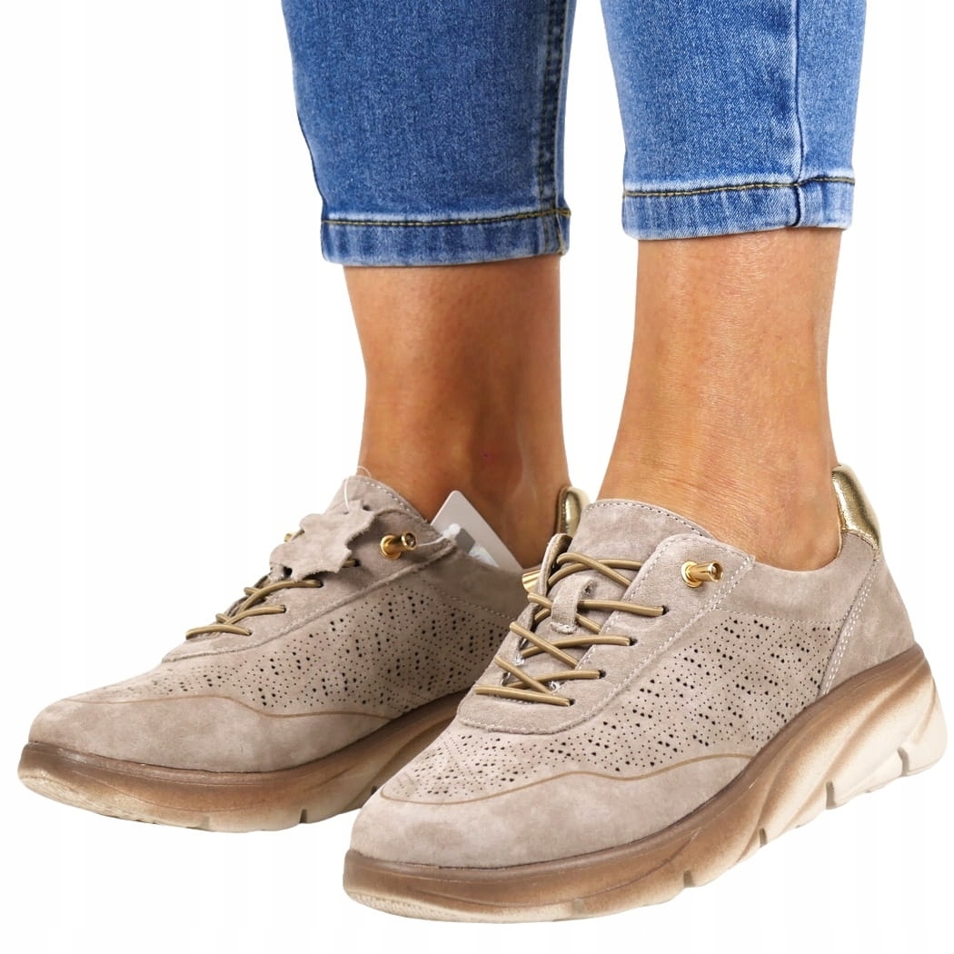 Polobotky Tenisky Ažurové Kožené Pohodlné Světle Hnědé Béžové Zlaté 38