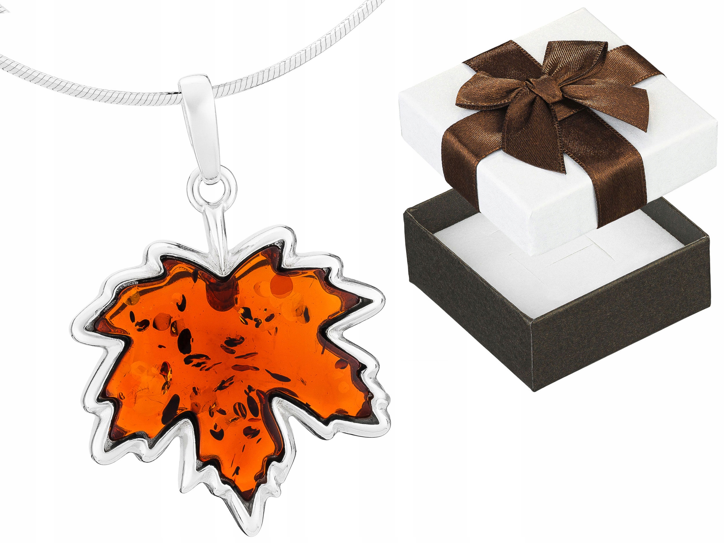 Krátký Stříbrný Dámský Náhrdelník s Jantarem Velký Javorový List Choker 38 cm