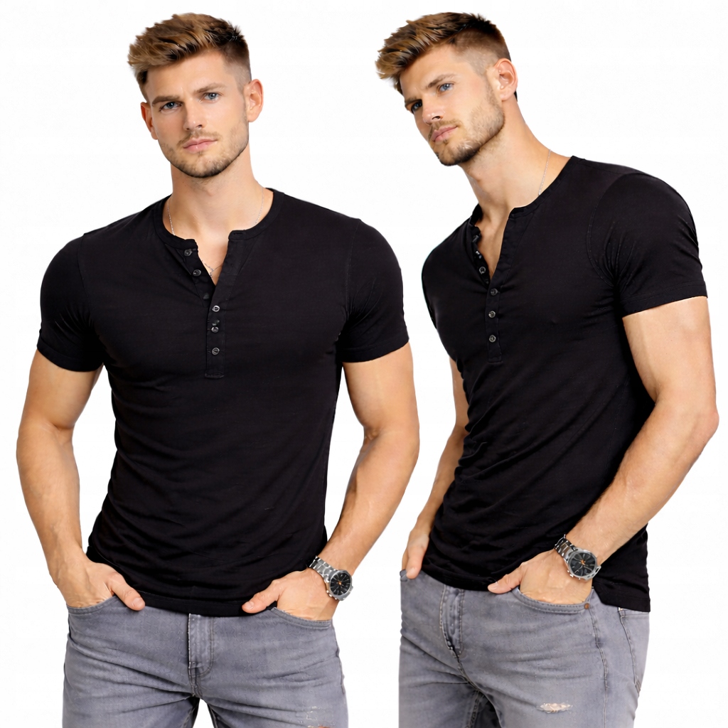T-shirt męski Henley czarny z guzikami S-3XL bawełna elastan M